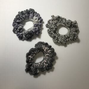 NWT Gray Black White Purple Handmade Crocheted Hair Scrunchie by Dawny Set of 3